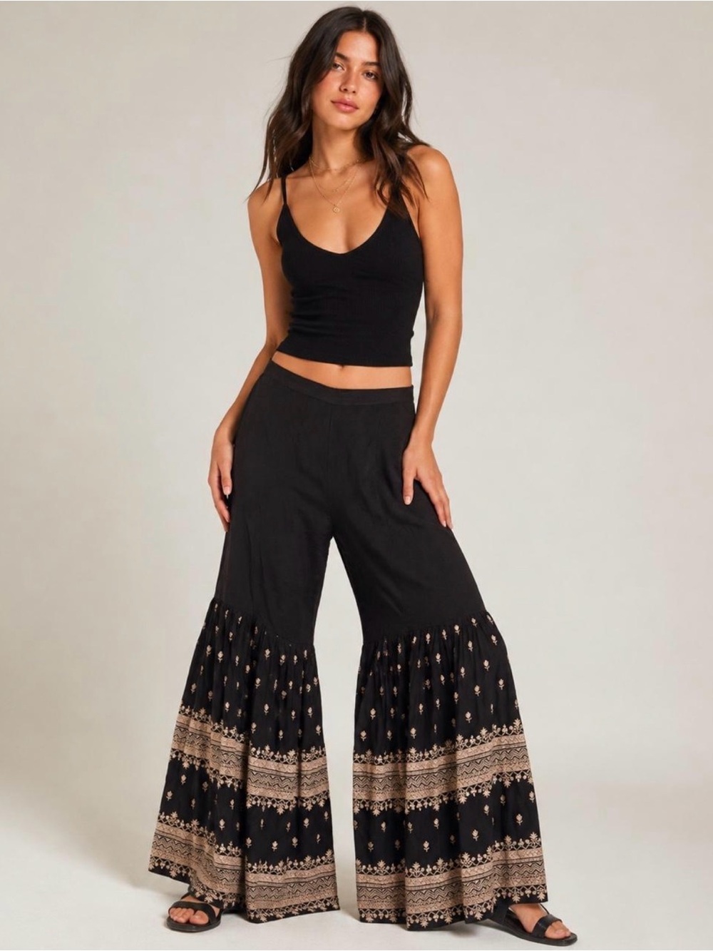 Boho Embroidered Tiered Wide Leg Pants - Large